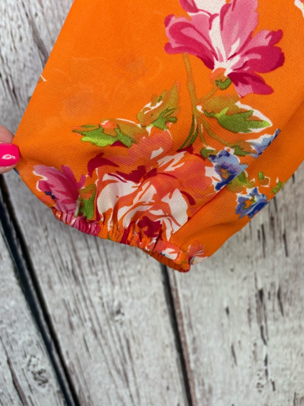 CHAPS Women’s Large Orange Floral Print Blouse Tie‎ Neck Woven Fabric Small Flaw - Picture 2 of 16